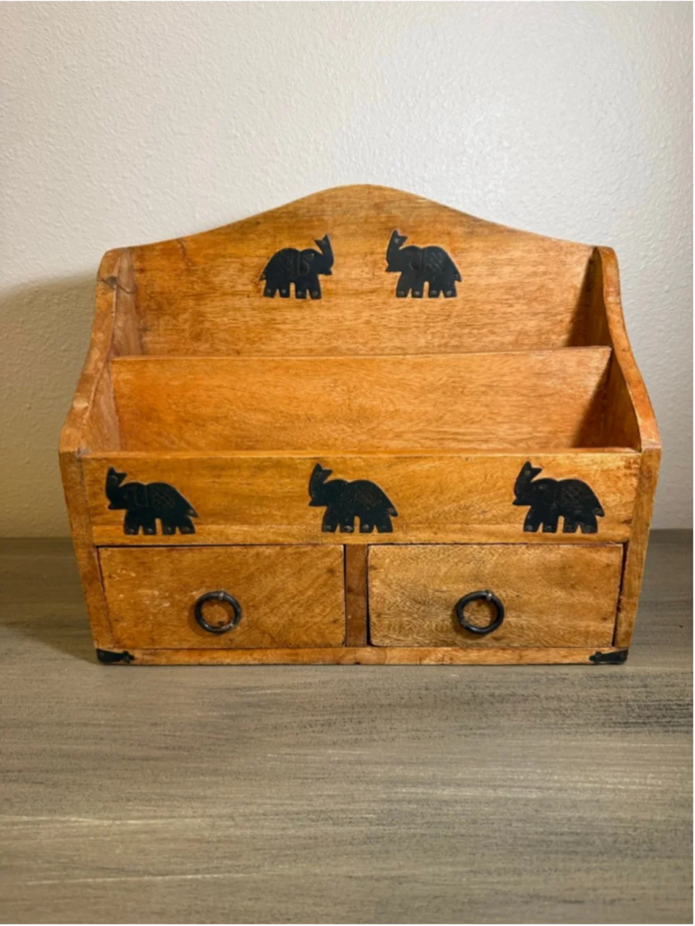 MCM East Asian/Indian bohemian style desk organizer metal elephants